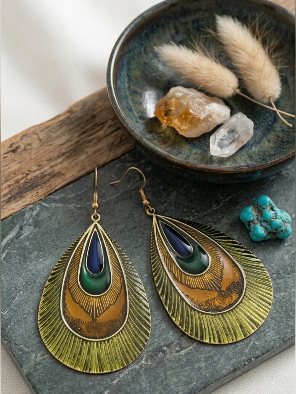Peacock Enamel Feather Teardrop Earrings Gold Tone Boho Maximalist Artisan 3.4"